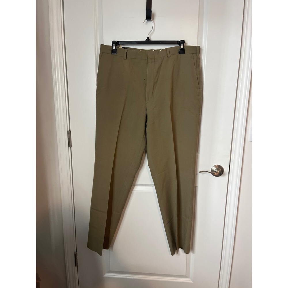 Lands End Mens 38 Wool Dress Pants Olive Khaki Flat Front Straight Leg USA Made